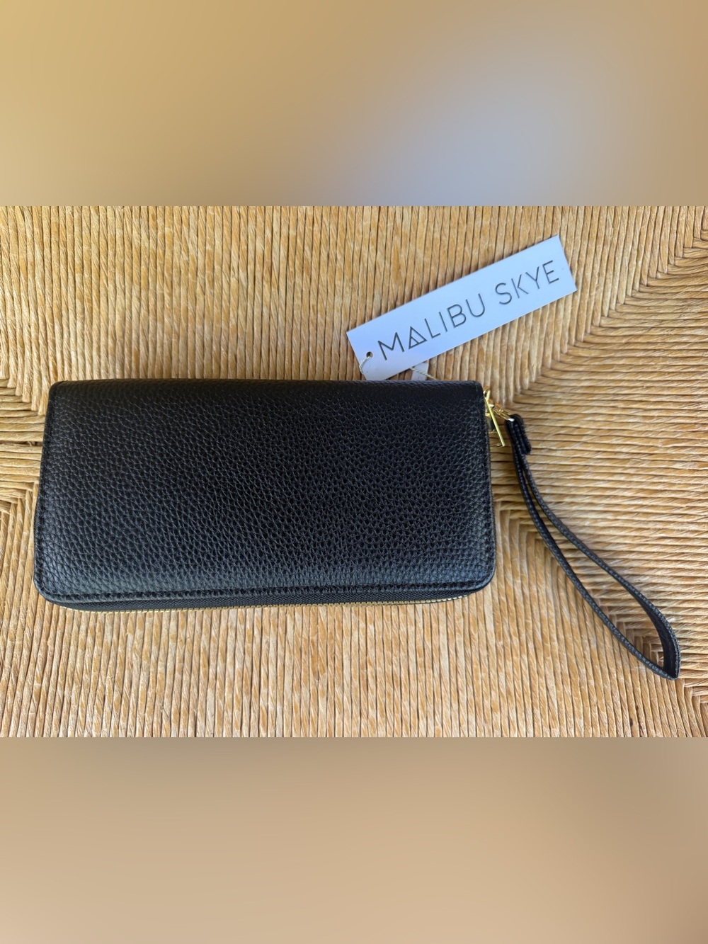 Malibu Black Double-Zip Textured Wristlet with Gold Hardware